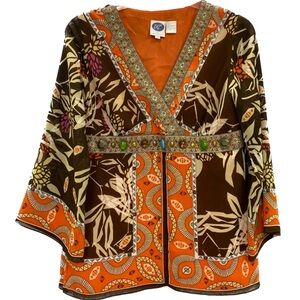 Diane Gilman Colorful Beaded V Neck Blouse